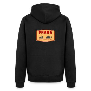 Praha Skyline & ČR Emblem - Unisex Premium Bio Zip Hoodie - Schwarz - Hinten - Nico (187cm)