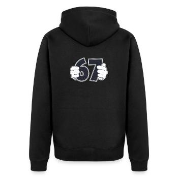 Minimalistisches lustiges Grafikdesign mit Nummer 67 - Unisex Premium Bio Zip Hoodie - Schwarz - Hinten - Nico (187cm)