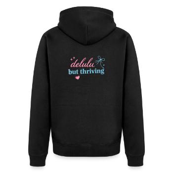 Delhu Thriving Script Logo - Unisex Premium Bio Zip Hoodie - Schwarz - Hinten - Nico (187cm)
