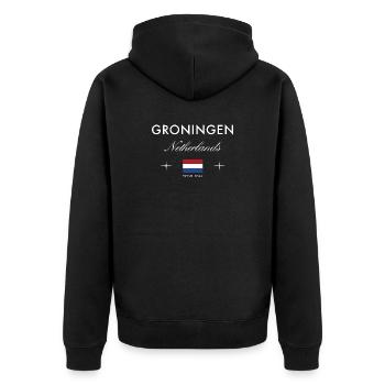 Groningen Niederlande Koordinaten Reise Souvenir - Unisex Premium Bio Zip Hoodie - Schwarz - Hinten - Nico (187cm)