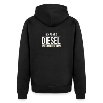 Ich fahre Diesel, weil Super bin ich selber  - Unisex Premium Bio Zip Hoodie - Schwarz - Hinten - Nico (187cm)