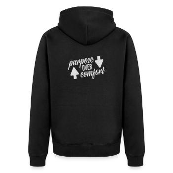 Purpose Over Comfort Motivation Mindset Wachstum - Unisex Premium Bio Zip Hoodie - Schwarz - Hinten - Nico (187cm)