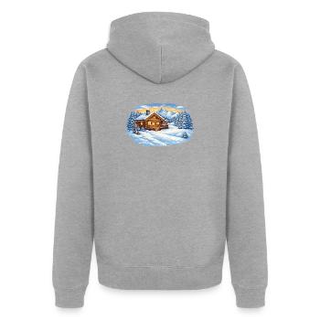 Winterliche Skihütte in den Bergen – Alpenidylle - Unisex Premium Bio Zip Hoodie - Grau meliert - Hinten - Nico (187cm)