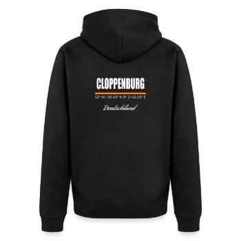 Cloppenburg - Unisex Premium Bio Zip Hoodie - Schwarz - Hinten - Nico (187cm)