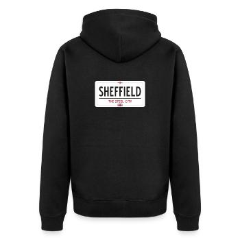 Ortsschild Sheffield - Unisex Premium Bio Zip Hoodie - Schwarz - Hinten - Nico (187cm)