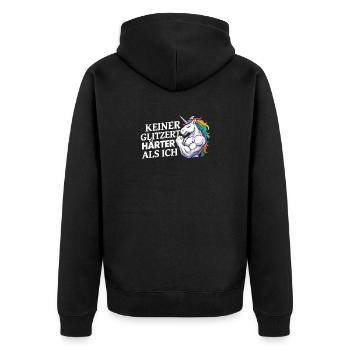 Härter als ich – Einhorn Kraftdesign - Unisex Premium Bio Zip Hoodie - Schwarz - Hinten - Nico (187cm)