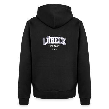 Lübeck, Allemagne, Collège Conception Motif de Ville Ancienne - Veste à capuche bio Premium Unisexe - noir - Dos - Nico (187cm)
