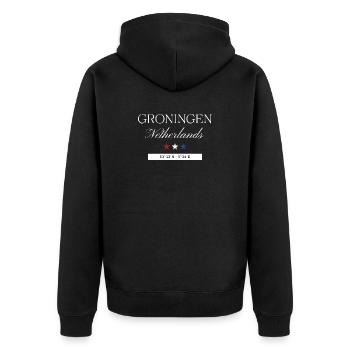 Groningen Niederlande Souvenir – Reise minimalist - Unisex Premium Bio Zip Hoodie - Schwarz - Hinten - Nico (187cm)