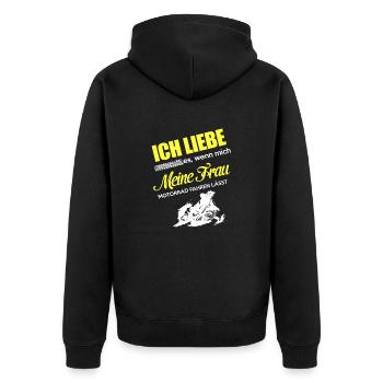Motorrad Meine Frau - Unisex Premium Bio Zip Hoodie - Schwarz - Hinten - Nico (187cm)