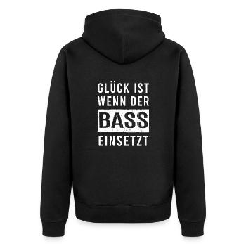 Glück ist wenn der Bass einsetzt - Unisex Premium Bio Zip Hoodie - Schwarz - Hinten - Nico (187cm)