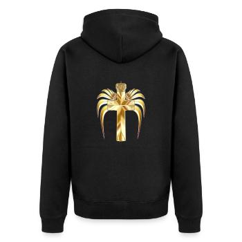 Goldenes Kreuz mit Krone und Flügeln - Erwachen - Unisex Premium Bio Zip Hoodie - Schwarz - Hinten - Nico (187cm)