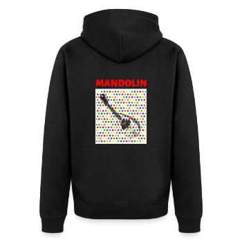 Mandolin (rote Schrift, bunte Punkte) - Unisex Premium Bio Zip Hoodie - Schwarz - Hinten - Nico (187cm)