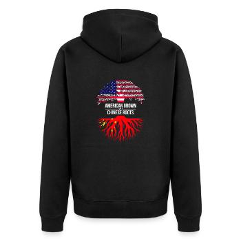 AMERIKANISCH ANGEBAUT MIT CHINESISCHEN WURZELN - Unisex Premium Bio Zip Hoodie - Schwarz - Hinten - Nico (187cm)