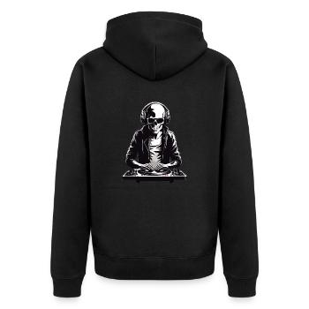 Skelleton DJ in b/w - Unisex Premium Bio Zip Hoodie - Schwarz - Hinten - Nico (187cm)