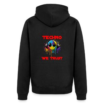 TECHNO WE TRUST - Unisex Premium Organic Zip Hoodie - black - Back - Nico (187cm)