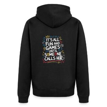First fun, then human resources - Unisex Premium Organic Zip Hoodie - black - Back - Nico (187cm)