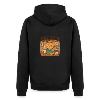 Catpuccino – Müde Kaffeekatze - Unisex Premium Bio Zip Hoodie - Schwarz - Hinten - Nico (187cm)