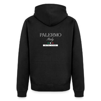 Palermo Italien Souvenir – Reise minimalistisch - Unisex Premium Bio Zip Hoodie - Schwarz - Hinten - Nico (187cm)