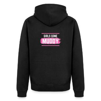 Muddy run shirt mud Matsch Lauf girl Team obstacle - Unisex Premium Bio Zip Hoodie - Schwarz - Hinten - Nico (187cm)
