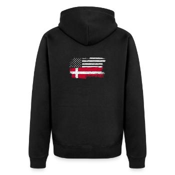 Grunge US Dänische Flagge Fusion - Unisex Premium Bio Zip Hoodie - Schwarz - Hinten - Nico (187cm)