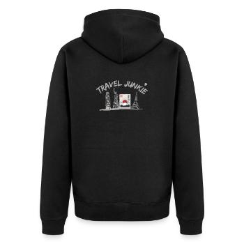 Travel Junkie - Travel Lovers - Unisex Premium Bio Zip Hoodie - Schwarz - Hinten - Nico (187cm)