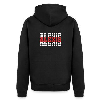 Alexis T-Shirt T-Shirt Geschenkidee gestapelter Text - Unisex Premium Bio Zip Hoodie - Schwarz - Hinten - Nico (187cm)