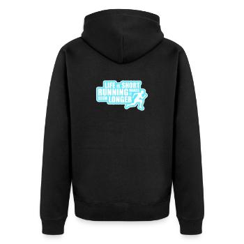Life Is Short Running Makes It Seem Longer Lustig  - Unisex Premium Bio Zip Hoodie - Schwarz - Hinten - Nico (187cm)