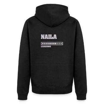 Naila als Geburt - Unisex Premium Bio Zip Hoodie - Schwarz - Hinten - Nico (187cm)