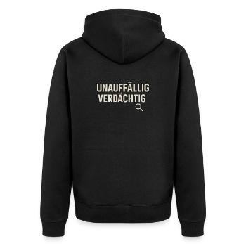Unauffällig Verdächtig – Lustiges True-Crime Shirt - Unisex Premium Bio Zip Hoodie - Schwarz - Hinten - Nico (187cm)