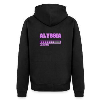 Geburt Alyssia - Unisex Premium Bio Zip Hoodie - Schwarz - Hinten - Nico (187cm)