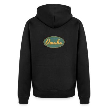 Emblème Omaha Vintage Script - Veste à capuche bio Premium Unisexe - noir - Dos - Nico (187cm)