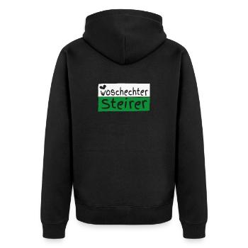 Woschechter Steirer, Steiermark, Mundart, Dialekt - Unisex Premium Bio Zip Hoodie - Schwarz - Hinten - Nico (187cm)