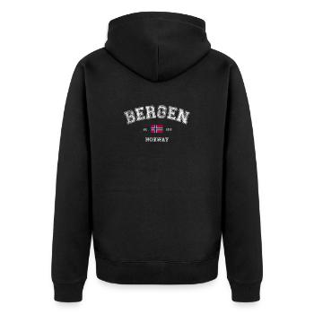 Bergen Norway - Unisex Premium Organic Zip Hoodie - black - Back - Nico (187cm)