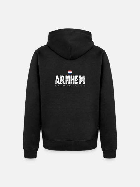 Arnhem Netherlands Distressed Text Logo - Unisex Premium Organic Zip Hoodie - black
