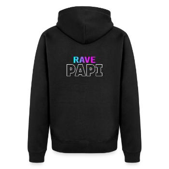 Rave Dad Techno House Electro Festival Hardstyle - Unisex Premium Bio Zip Hoodie - Schwarz - Hinten - Nico (187cm)