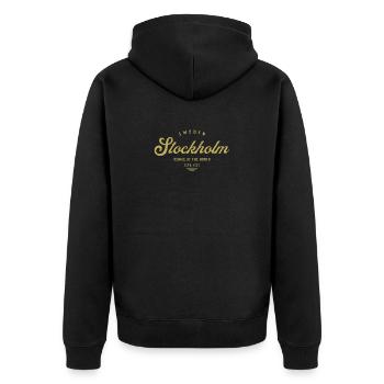 Stockholm Vintage Gold Logo - Unisex Premium Bio Zip Hoodie - Schwarz - Hinten - Nico (187cm)