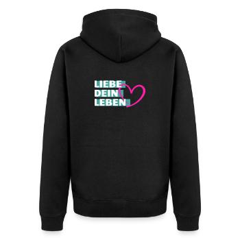 Liebe Dein Leben Herzmotiv - Unisex Premium Bio Zip Hoodie - Schwarz - Hinten - Nico (187cm)