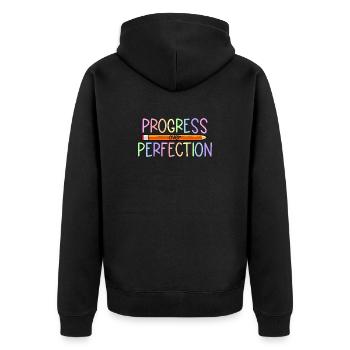 Fortschritt statt Perfektion Zurück zur Schule Leh - Unisex Premium Bio Zip Hoodie - Schwarz - Hinten - Nico (187cm)