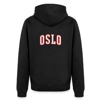 Oslo Varsity Stadtlogo Print - Unisex Premium Bio Zip Hoodie - Schwarz - Hinten - Nico (187cm)