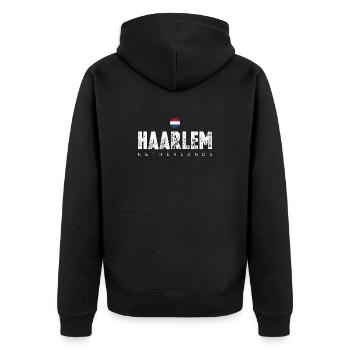 Haarlem Distressed Logo - Unisex Premium Organic Zip Hoodie - black - Back - Nico (187cm)