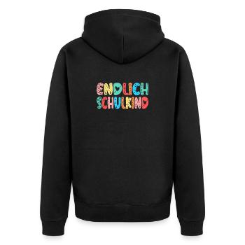 EINSCHULUNG ENDLICH SCHULKIND HERZ - Unisex Premium Bio Zip Hoodie - Schwarz - Hinten - Nico (187cm)