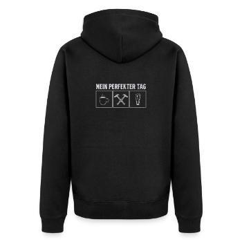 Krasser Dachdecker – Stolz & Leidenschaft - Unisex Premium Bio Zip Hoodie - Schwarz - Hinten - Nico (187cm)