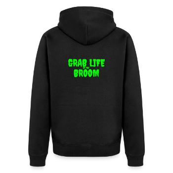 Schnapp dir das Leben vom Besen Grafikdesign - Unisex Premium Bio Zip Hoodie - Schwarz - Hinten - Nico (187cm)