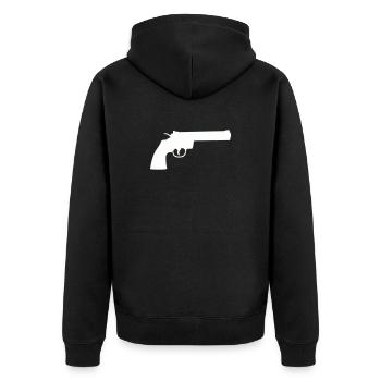 Minimalistische Revolver-Silhouette - Unisex Premium Bio Zip Hoodie - Schwarz - Hinten - Nico (187cm)