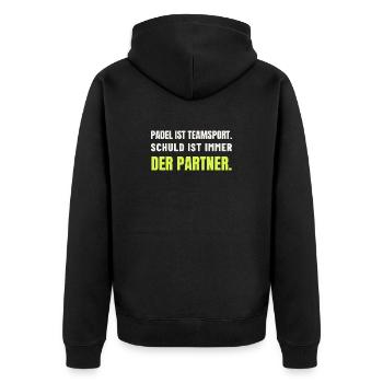 Padel Teamsport – Schuld ist der Partner - Unisex Premium Bio Zip Hoodie - Schwarz - Hinten - Nico (187cm)