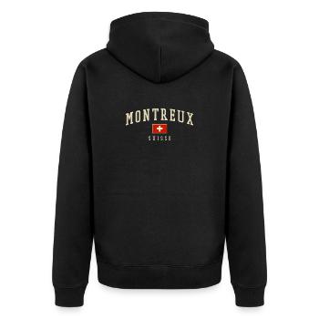 Montreux Schweiz Emblem Retro - Unisex Premium Bio Zip Hoodie - Schwarz - Hinten - Nico (187cm)
