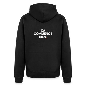 ÇA COMMENCE BIEN | Expression humour minimal - Veste à capuche bio Premium Unisexe - noir - Dos - Nico (187cm)