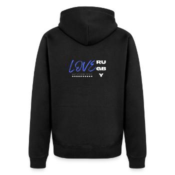 Ich liebe Rugby Blau - Unisex Premium Bio Zip Hoodie - Schwarz - Hinten - Nico (187cm)