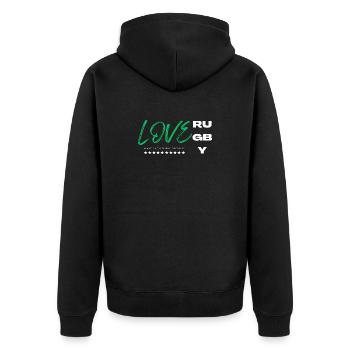 Ich liebe Rugby Grün - Unisex Premium Bio Zip Hoodie - Schwarz - Hinten - Nico (187cm)