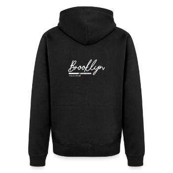 Stadtbild mit Neonlichtern und Bergblick - Unisex Premium Bio Zip Hoodie - Schwarz - Hinten - Nico (187cm)